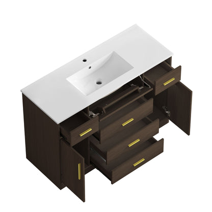 Bathroom vanity with white countertop and integrated sink, dark cabinet with soft-close drawers on Tampa Home & Garden Store