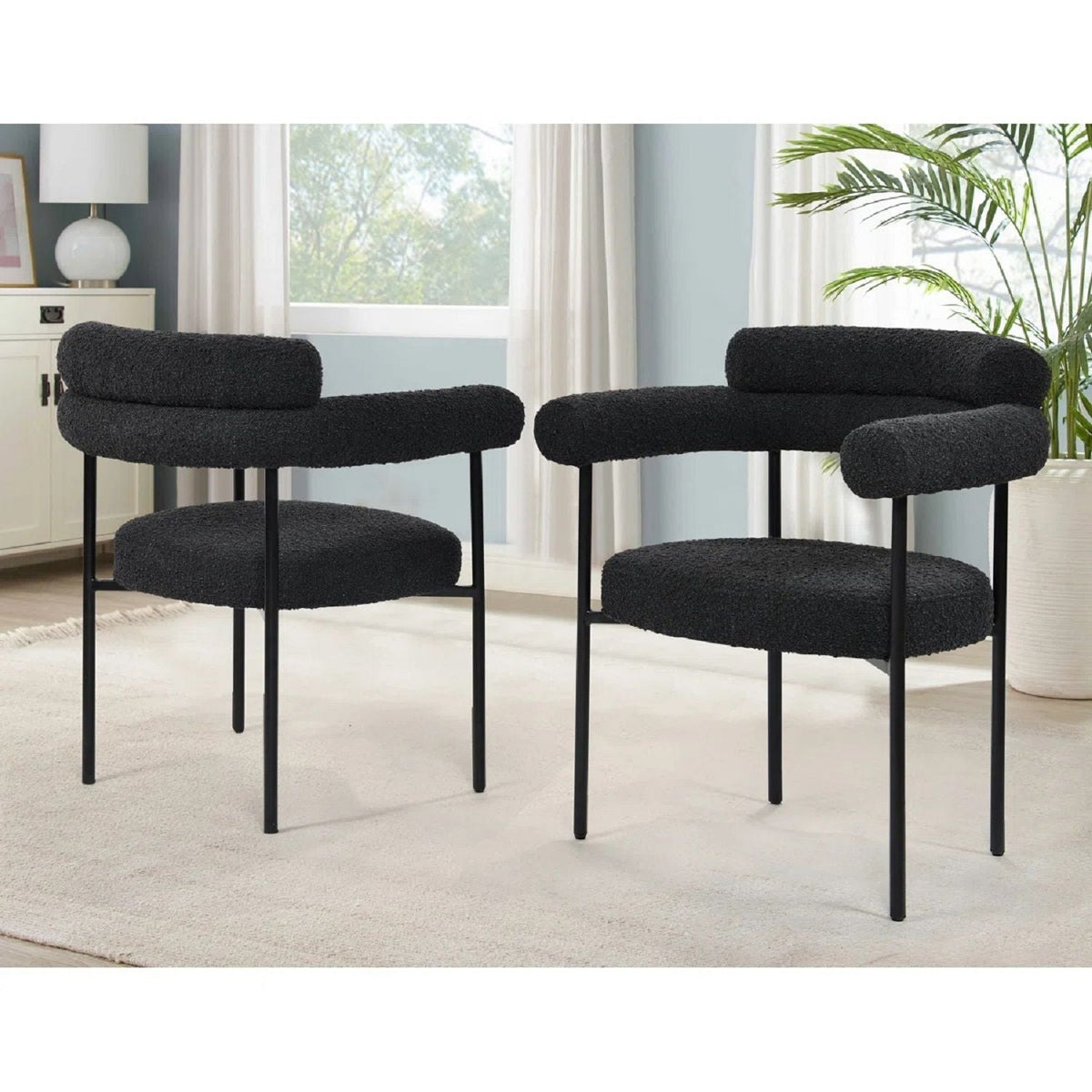 Dining chairs with armrests set of 2 in black boucle on slim black metal legs HouseOfZazla on Tampa Home & Garden Store