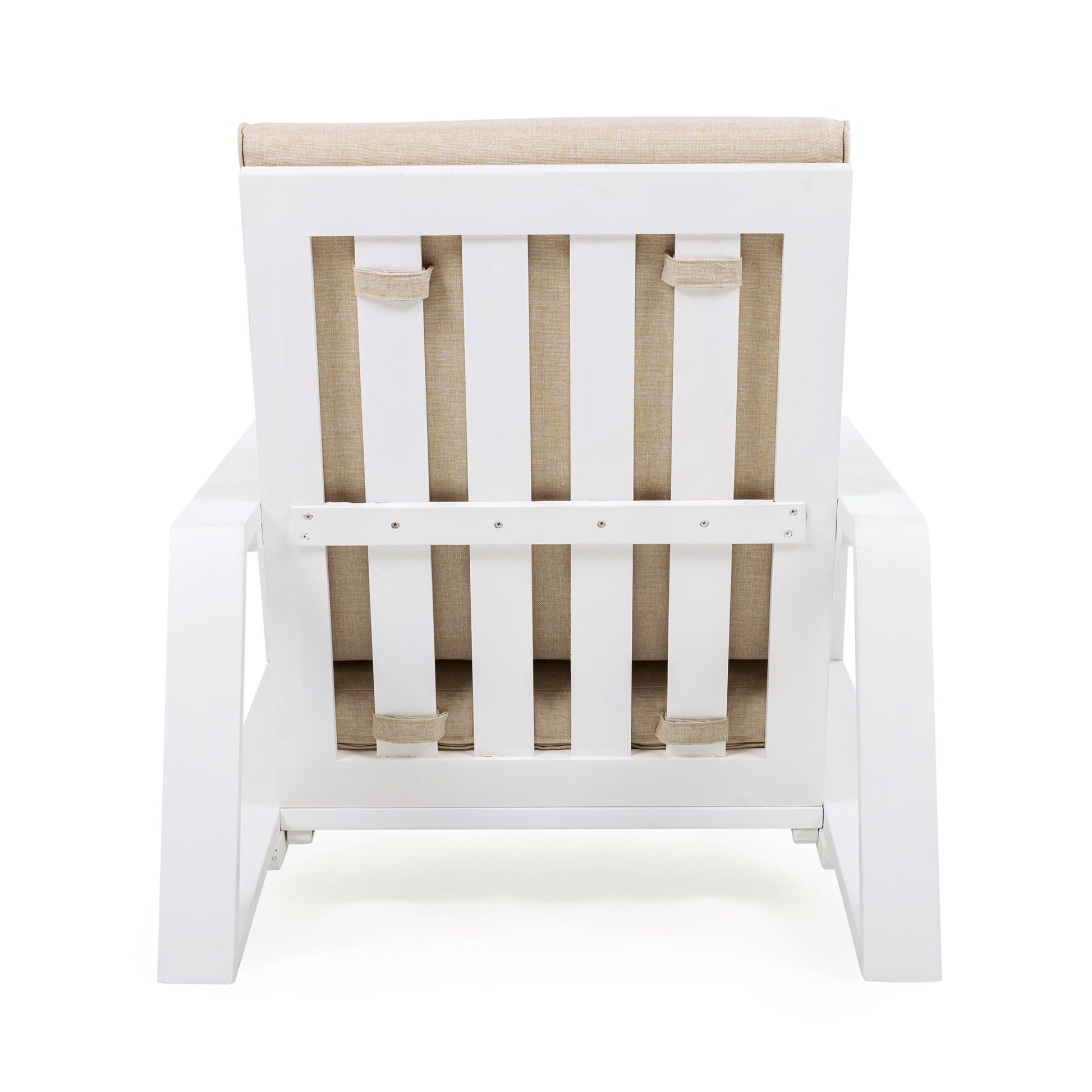 Outdoor Patio Lounge Chair by HouseOfZazla with beige cushion and white slatted frame on Tampa Home & Garden Store