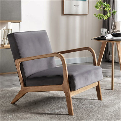 Classic mid-century modern armchair with open wood frame and grey cushioning by HouseOfZazla on Tampa Home & Garden Store