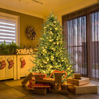 DirectDeals pre-lit Christmas Tree with 280 warm white LEDs and 8 modes, several gifts at base on Tampa Home & Garden Store