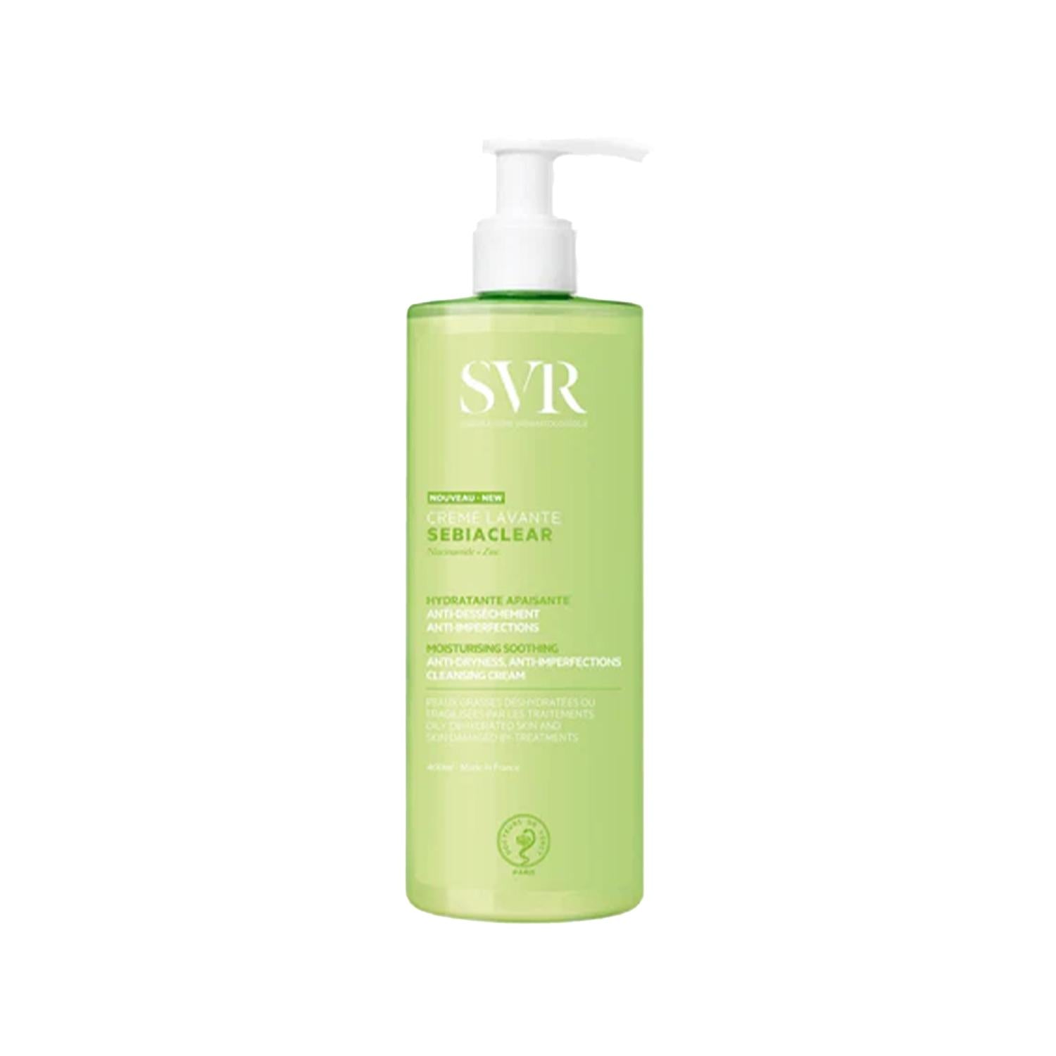 SVR Sebiaclear Gentle Facial Cleanser bottle in a green gradient with white pump 13.53 oz on Tampa Home & Garden Store