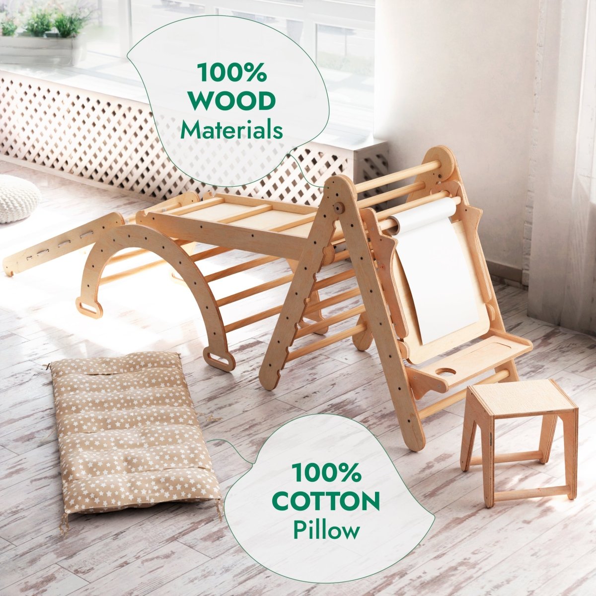 Goodevas 6in1 Montessori climbing set in natural wood with ladder, slide and paper roll on Tampa Home & Garden Store