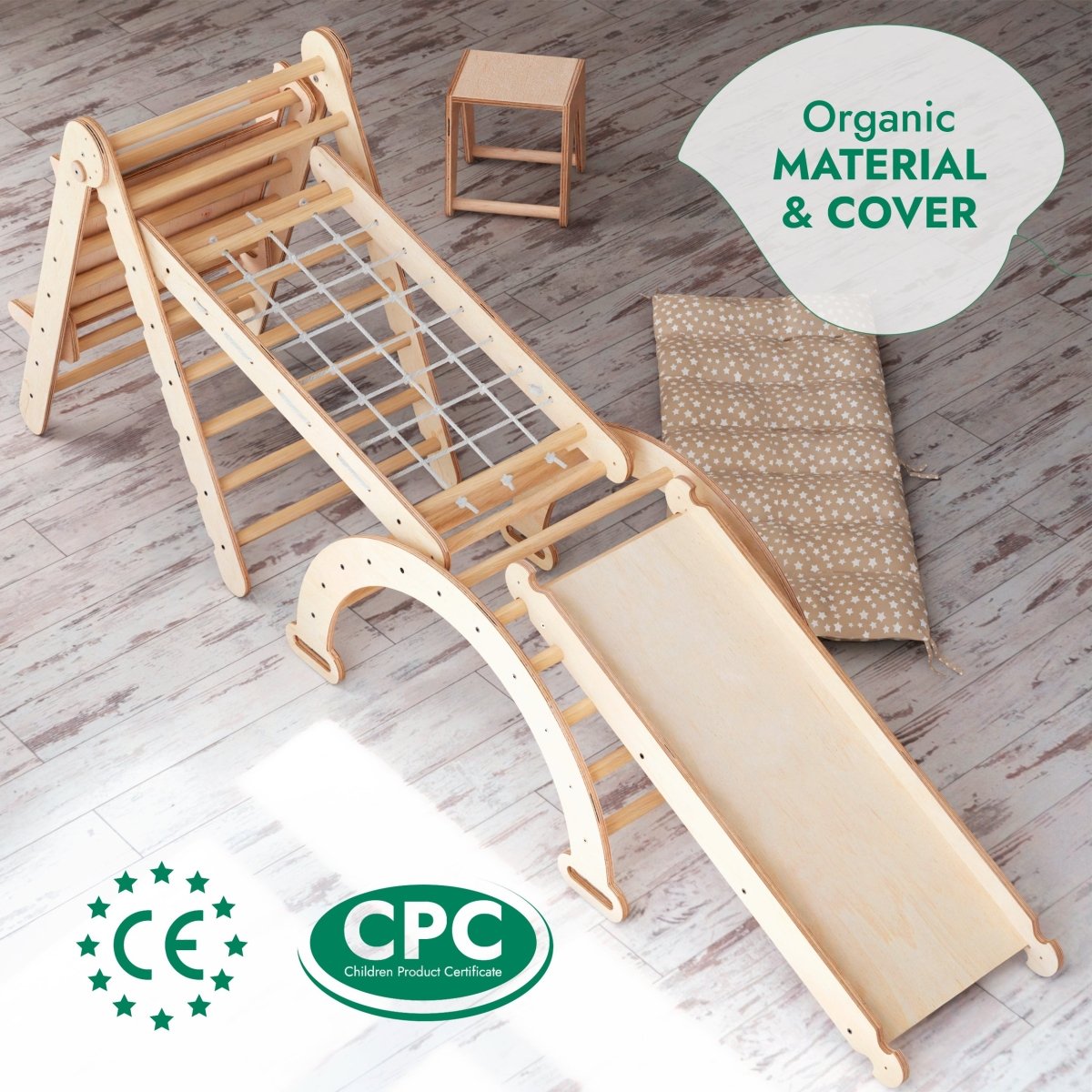 6in1 Montessori Climbing Set wooden playset with natural finish rope net and star cushion on Tampa Home & Garden Store