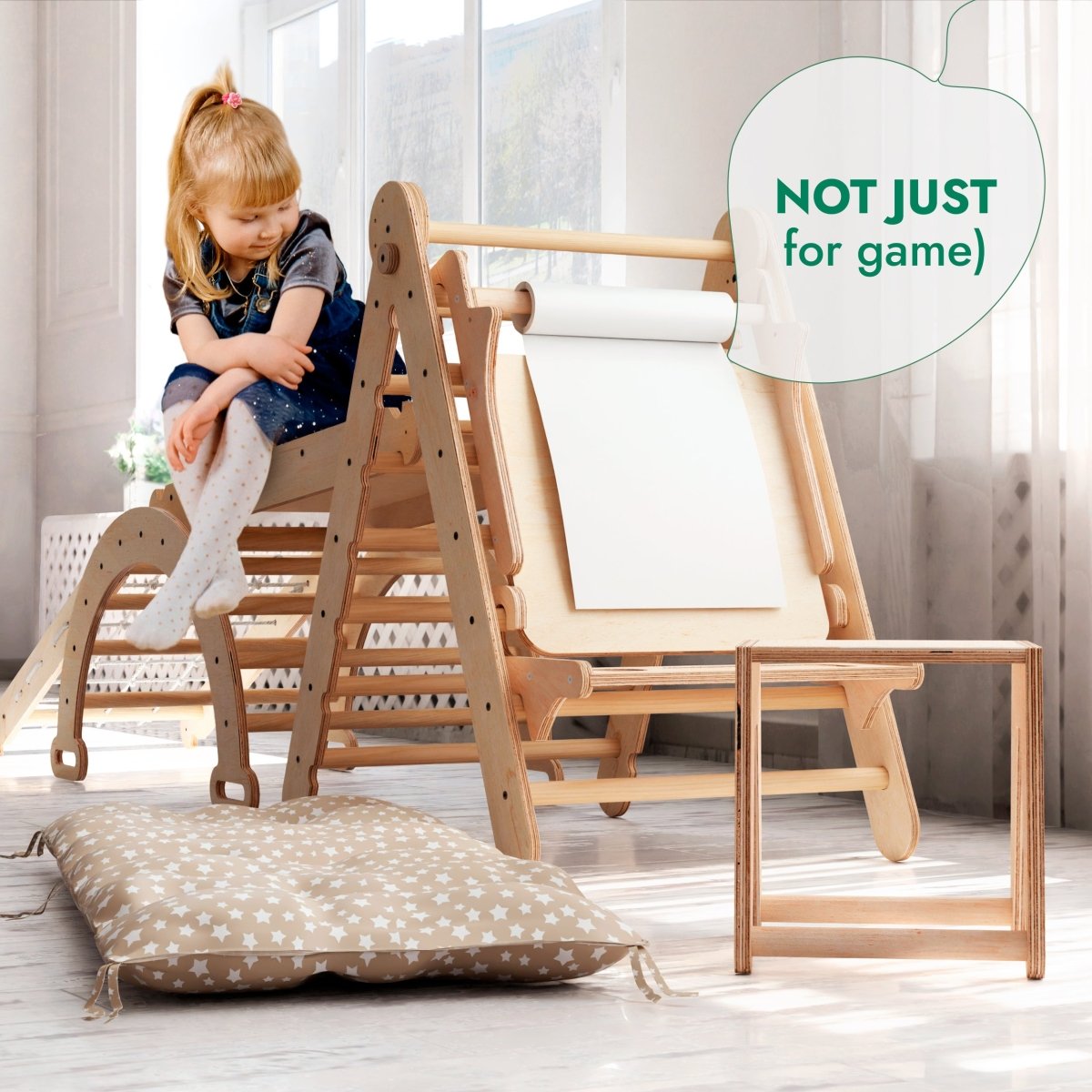 Goodevas 6in1 Montessori climbing set for toddlers, wooden triangle ladder, slide, net, cushion on Tampa Home & Garden Store
