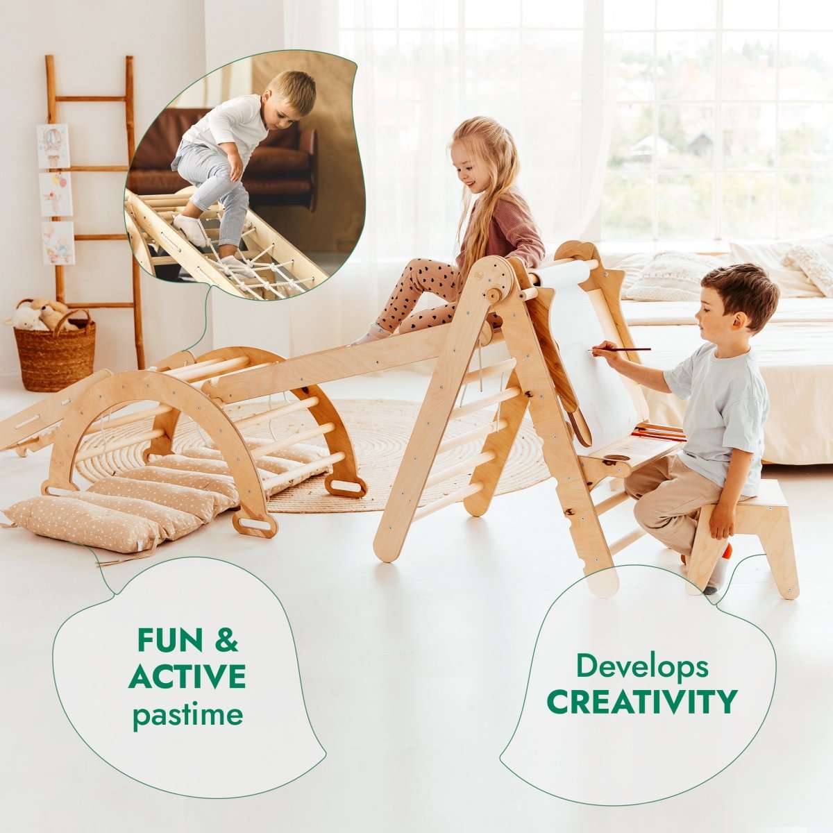 Goodevas 6in1 Montessori climbing set, wooden frame with triangle ladder and slide on Tampa Home & Garden Store