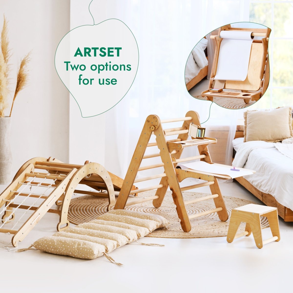 Goodevas 6in1 Montessori climbing set in natural wood with triangle ladder, ramp slide, net on Tampa Home & Garden Store