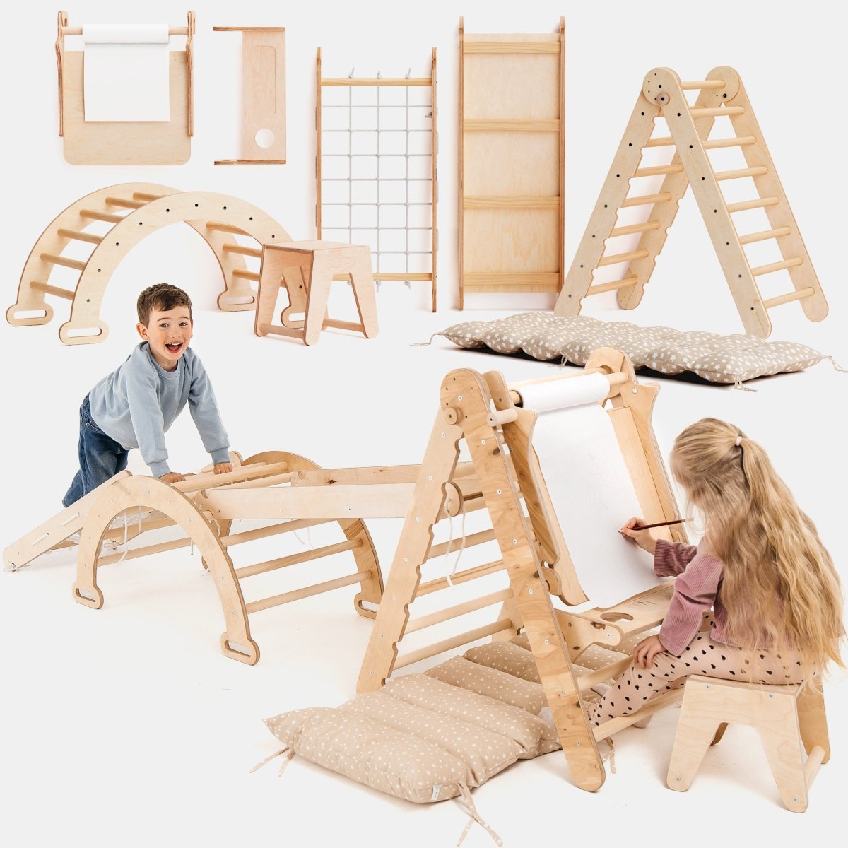 Goodevas 6in1 Montessori Climbing Set natural wood with triangle ladder, net, slide, cushions on Tampa Home & Garden Store