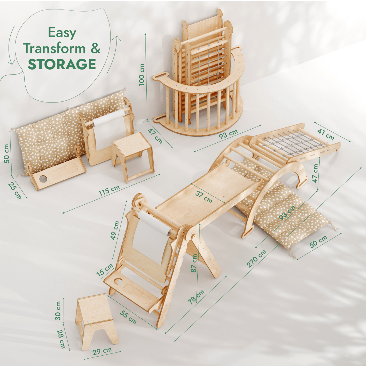6in1 Montessori Climbing Set in natural wood with triangle ladder, rocker, slide ramp, net on Tampa Home & Garden Store