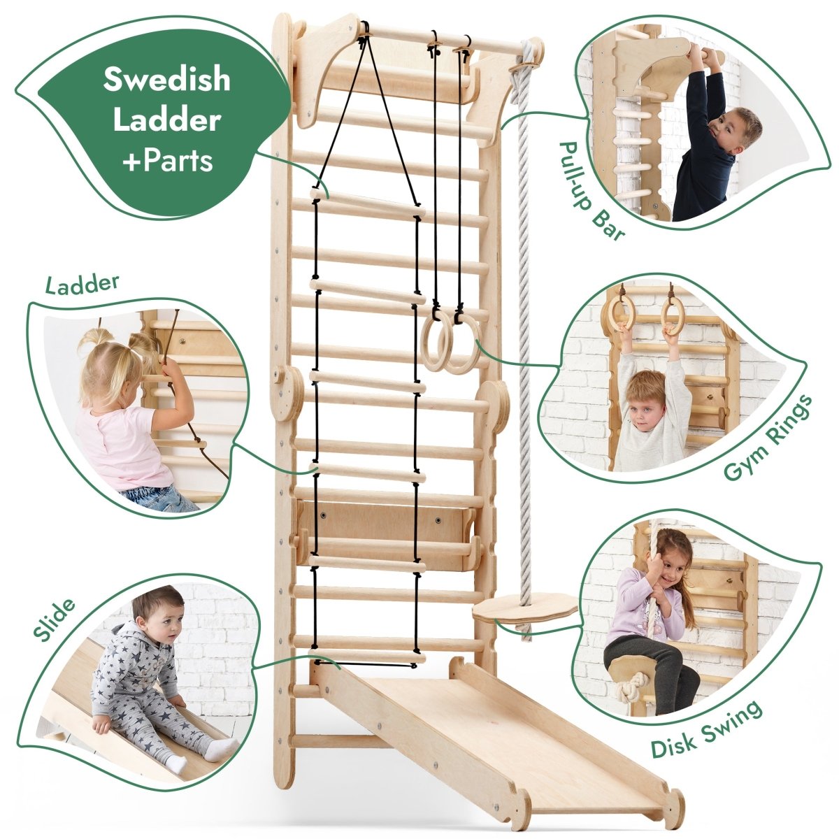6in1 wooden Swedish wall ladder by Goodevas with pull-up bar, rings, rope and slide on Tampa Home & Garden Store