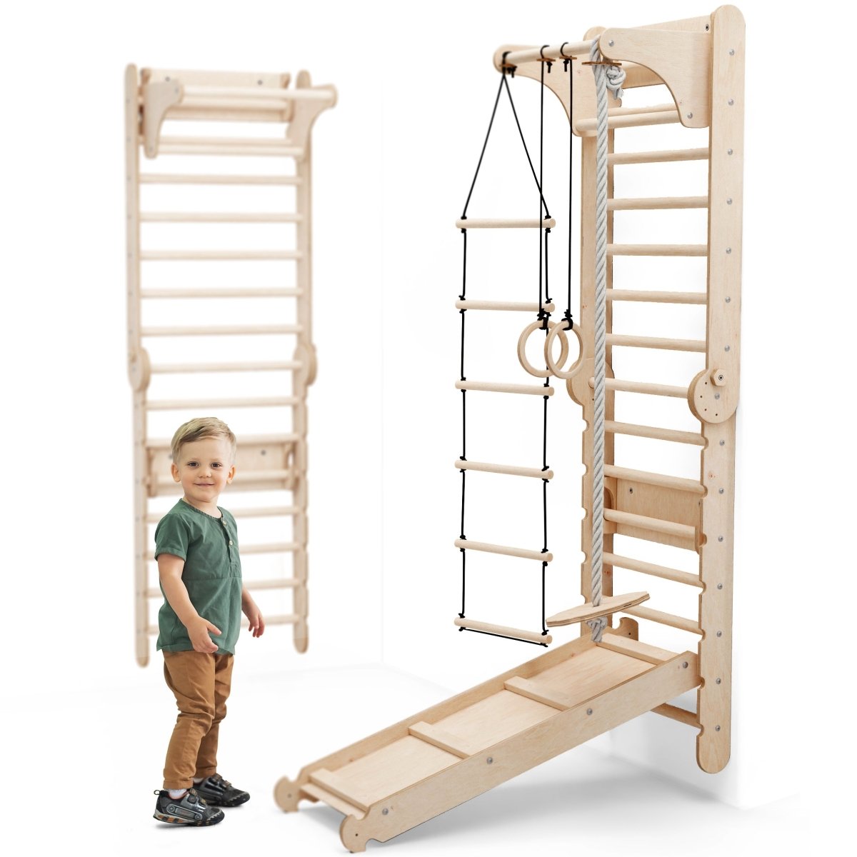 Swedish wall by Goodevas wooden climbing ladder with rings, rope and slide board on Tampa Home & Garden Store