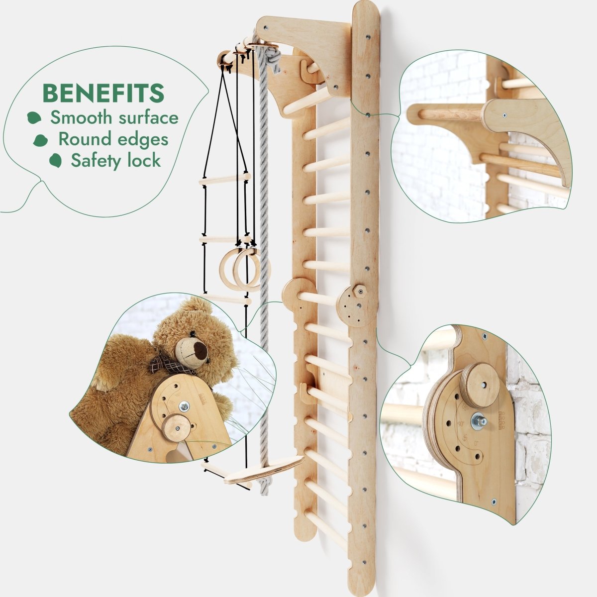 Goodevas 6in1 wooden Swedish wall climbing ladder in natural wood with rope and swing on Tampa Home & Garden Store
