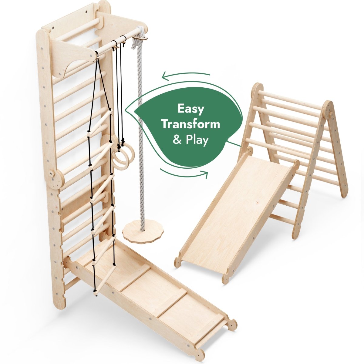 6in1 wooden Swedish wall climbing ladder by Goodevas with rope, rings and slide board on Tampa Home & Garden Store