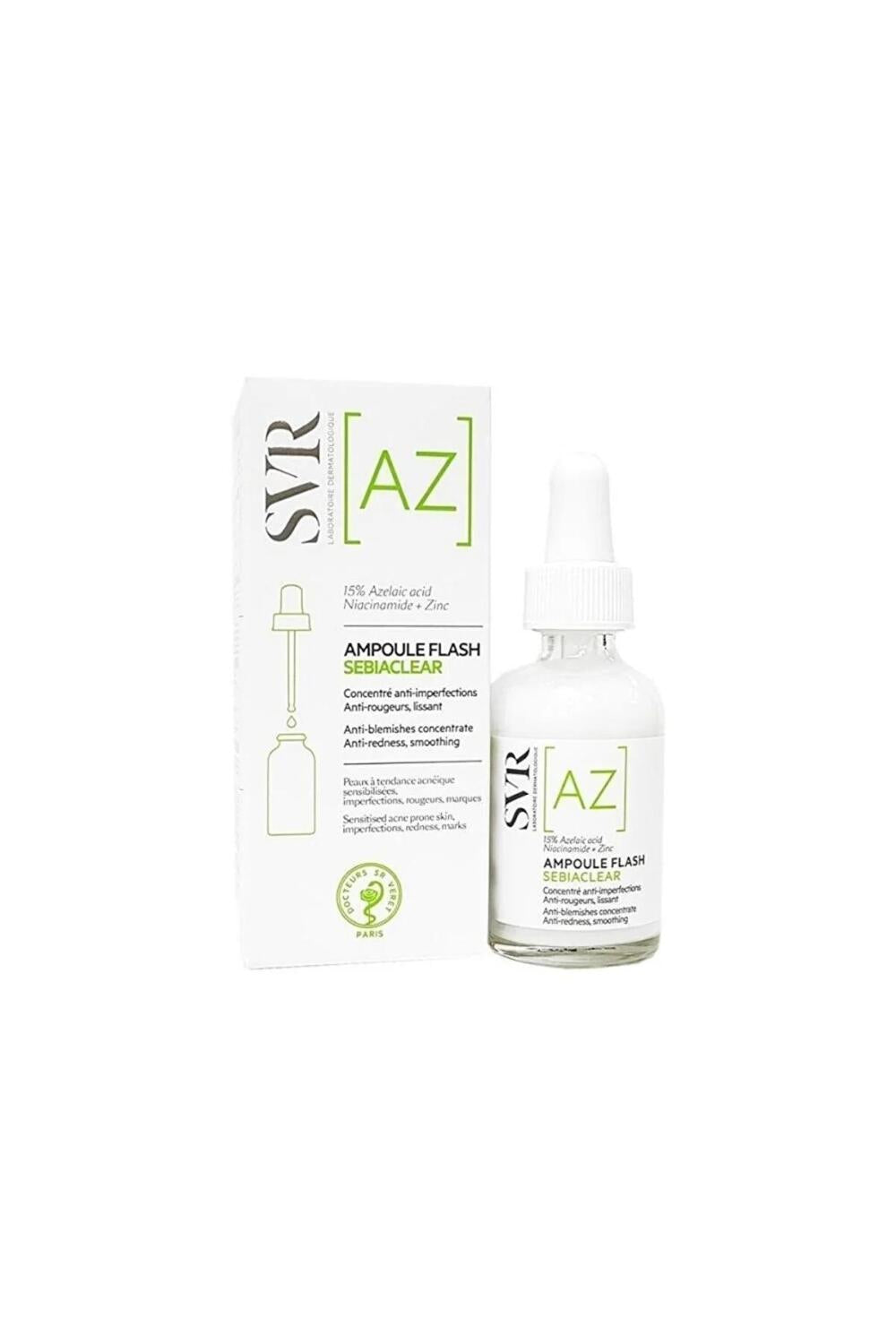 SVR Sebiaclear AZ Ampoule Flash 30ml face serum bottle beside white box with green AZ label on Tampa Home & Garden Store