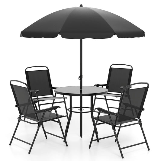 6-Piece patio dining set with umbrella and 4 folding armchairs, DirectDeals, black metal frame on Tampa Home & Garden Store