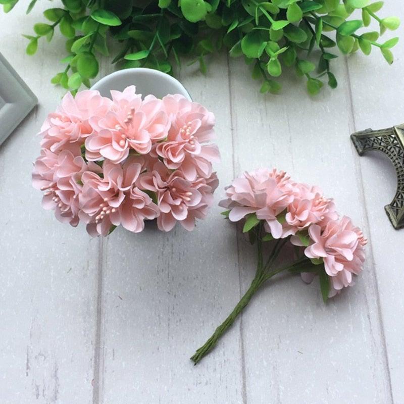 6pcs silk stamen artificial flower bouquet set in soft pink with green stems for wedding decor on Tampa Home & Garden Store