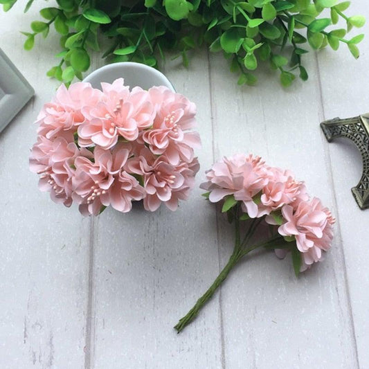 6pcs silk stamen artificial flower bouquet set in soft pink with green stems for wedding decor on Tampa Home & Garden Store