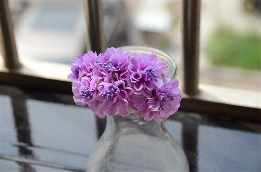 6pc handmade silk stamen artificial flower bouquet purple around a glass bottle wedding decor on Tampa Home & Garden Store
