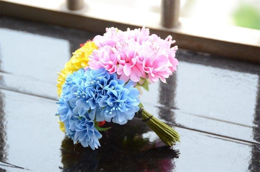 Silk Stamen artificial flower bouquet with blue pink yellow blossoms for wedding decor on Tampa Home & Garden Store