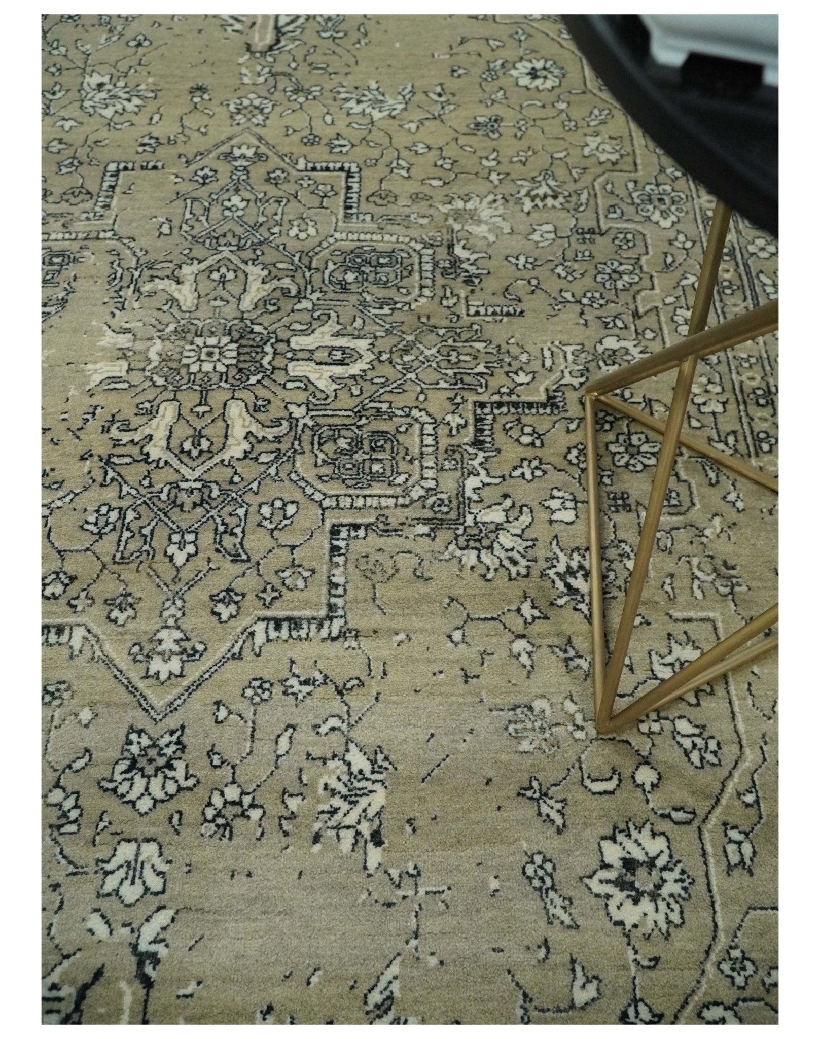 6x9 Fine Hand Knotted Beige and Black Traditional Vintage Persian Style Antique Wool Rug | AGR4 - Tampa Home & Garden Store