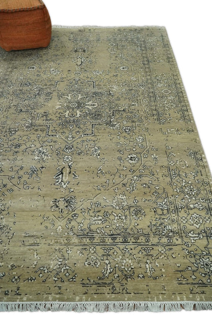 6x9 Fine Hand Knotted Beige and Black Traditional Vintage Persian Style Antique Wool Rug | AGR4 - Tampa Home & Garden Store