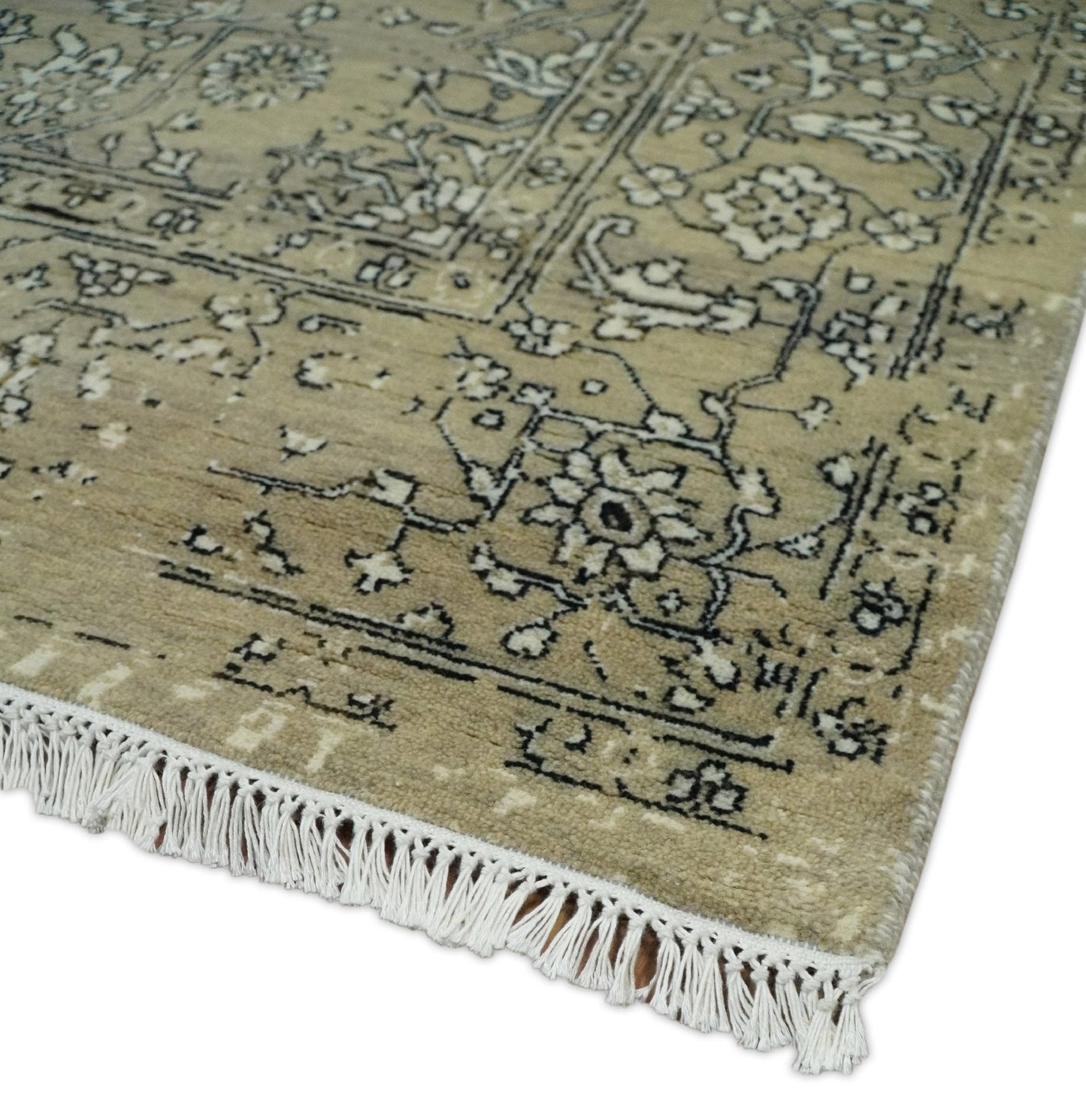 6x9 Fine Hand Knotted Beige and Black Traditional Vintage Persian Style Antique Wool Rug | AGR4 - Tampa Home & Garden Store