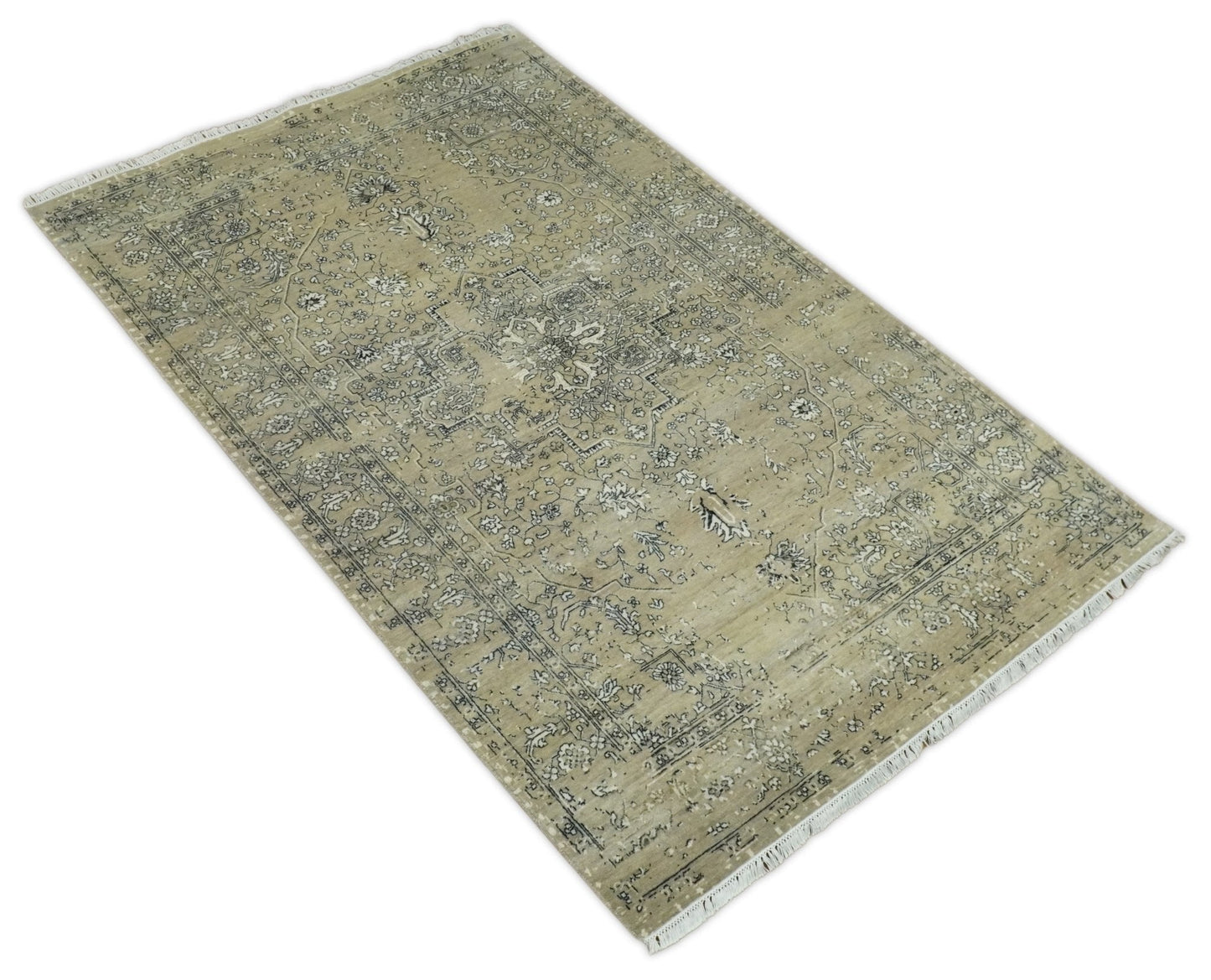 6x9 Fine Hand Knotted Beige and Black Traditional Vintage Persian Style Antique Wool Rug | AGR4 - Tampa Home & Garden Store