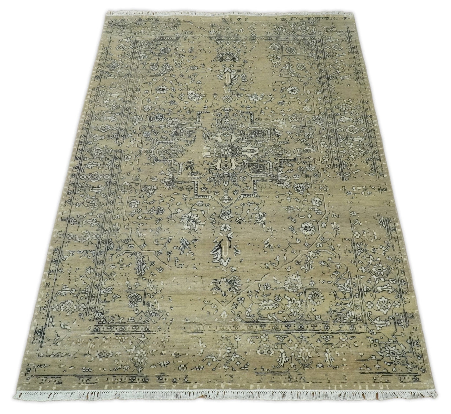 6x9 Fine Hand Knotted Beige and Black Traditional Vintage Persian Style Antique Wool Rug | AGR4 - Tampa Home & Garden Store