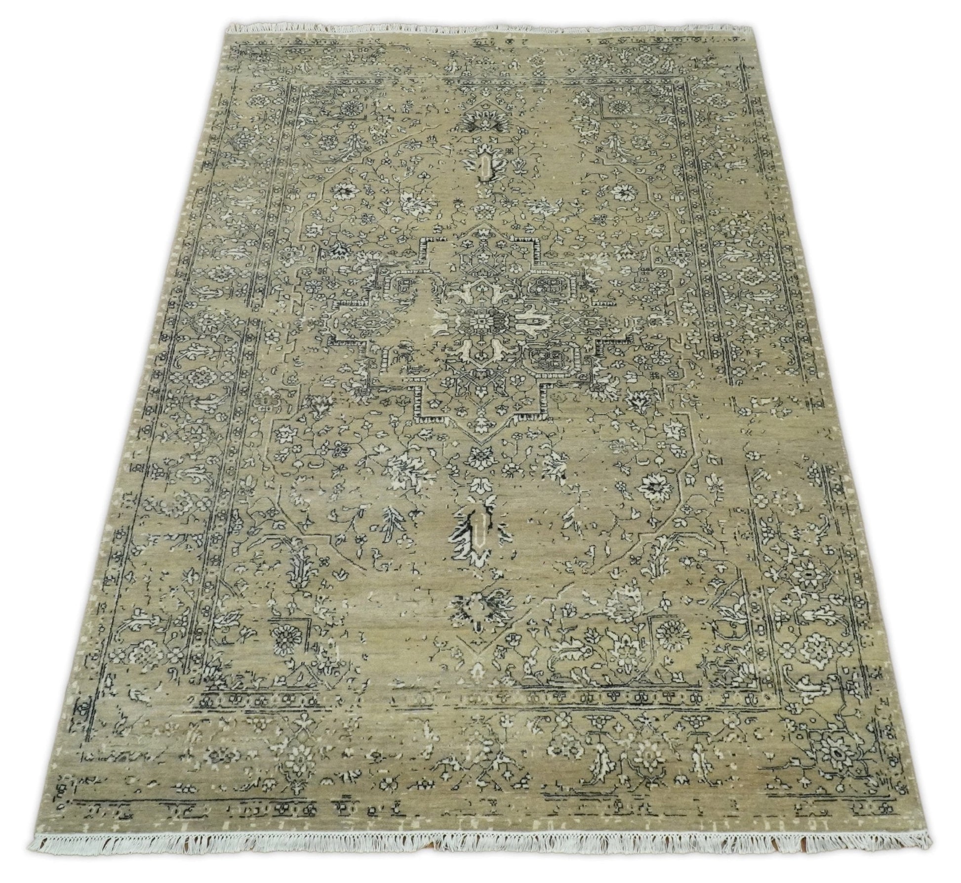 6x9 Fine Hand Knotted Beige and Black Traditional Vintage Persian Style Antique Wool Rug | AGR4 - Tampa Home & Garden Store