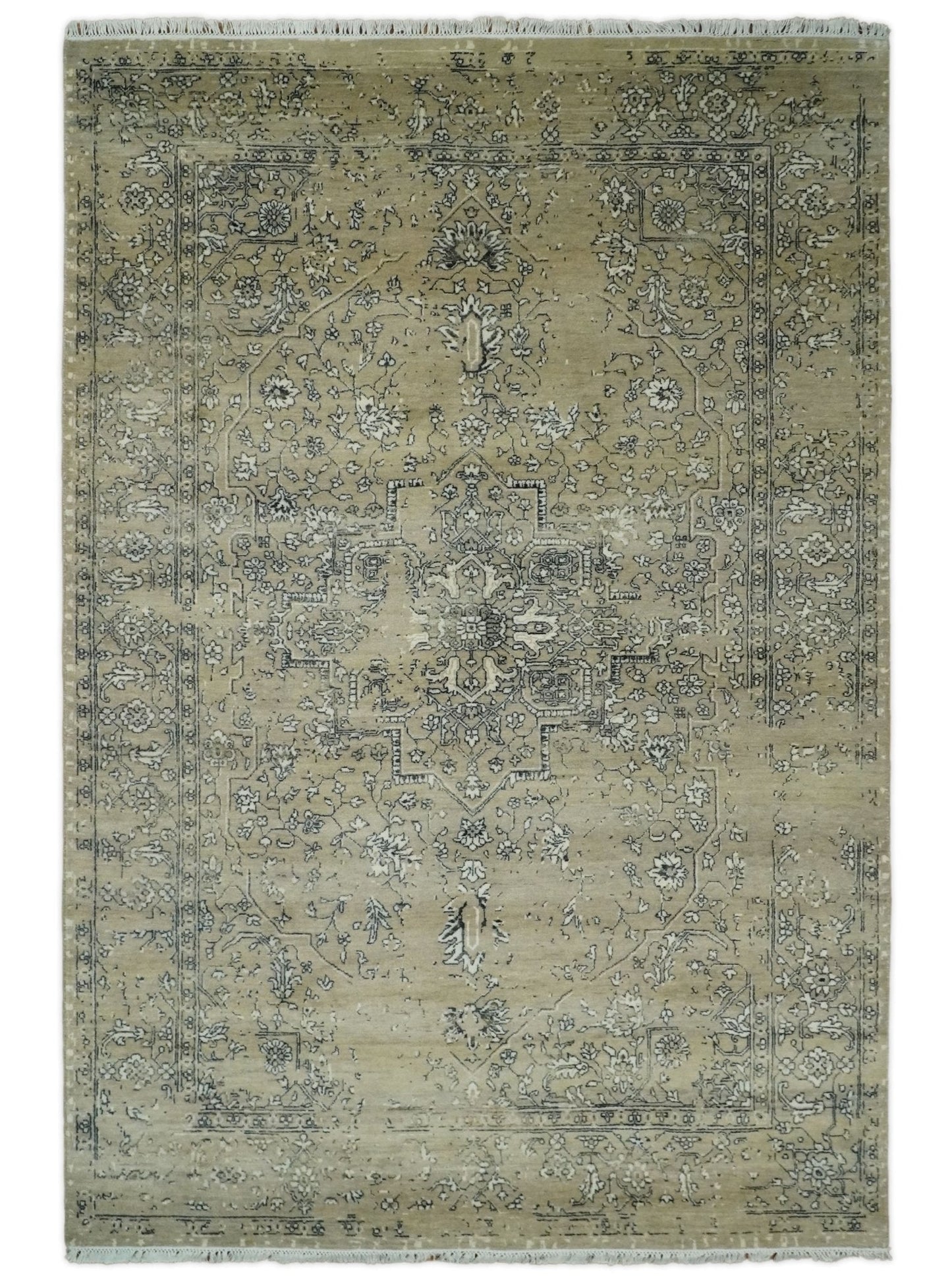 Alfombra antigua de lana persa tradicional, anudada a mano, de 15 x 23 cm, en beige y negro | AGR4