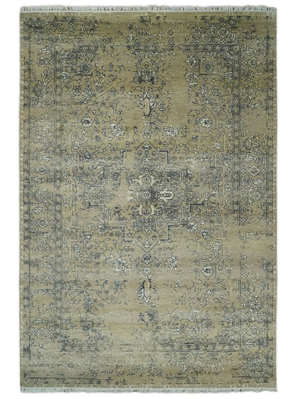 Alfombra antigua de lana persa tradicional, anudada a mano, de 15 x 23 cm, en beige y negro | AGR4