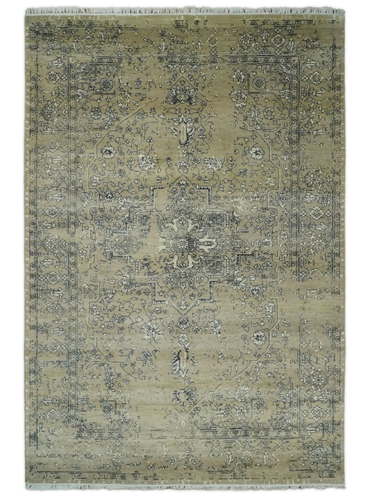 6x9 Fine Hand Knotted Beige and Black Traditional Vintage Persian Style Antique Wool Rug | AGR4 - Tampa Home & Garden Store