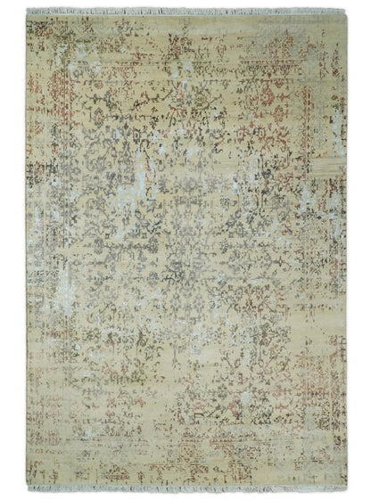 6x9 Fine Hand Knotted Beige and Rust Traditional Vintage Persian Style Antique Wool and Silk Rug | AGR2