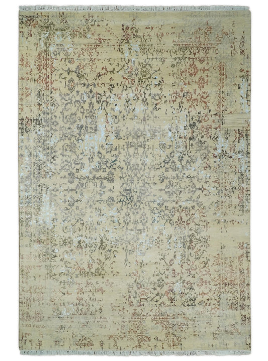 6x9 Fine Hand Knotted Beige and Rust Traditional Vintage Persian Style Antique Wool and Silk Rug | AGR2 - Tampa Home & Garden Store