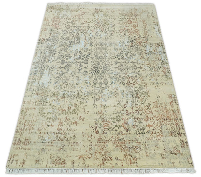 6x9 Fine Hand Knotted Beige and Rust Traditional Vintage Persian Style Antique Wool and Silk Rug | AGR2