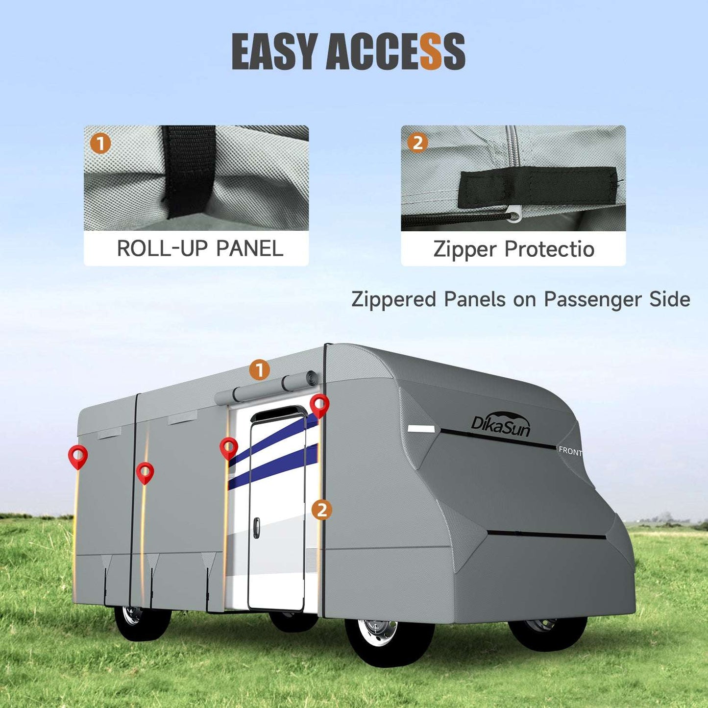 Dikasun Outdoor 7-layer Class C RV cover for camper on gray trailer with roll-up panel on Tampa Home & Garden Store