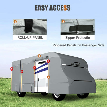 Dikasun Outdoor 7-layer Class C RV cover for camper on gray trailer with roll-up panel on Tampa Home & Garden Store