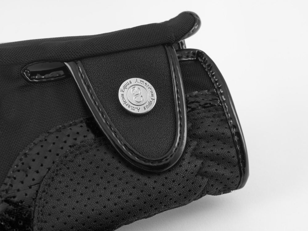 American Equus Modern Mesh Equestrian Riding Gloves black perforated mesh with snap strap on Tampa Home & Garden Store