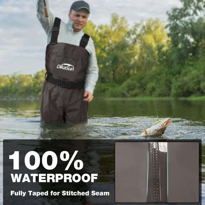 Dikasun Outdoor bootfoot chest waders in brown with suspenders, man fishing in river with a landed fish on line on Tampa Home & Garden Store