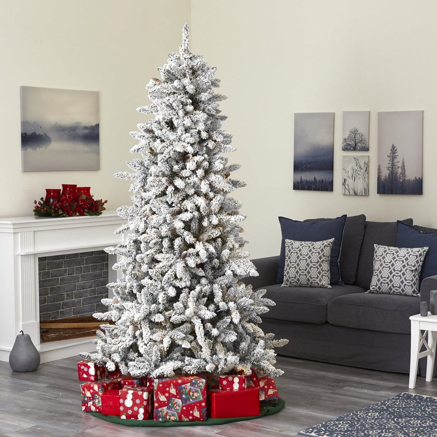 7.5’ Flocked Livingston Fir Artificial Christmas Tree with Pine Cones and 1336 Bendable Branches - Tampa Home & Garden Store