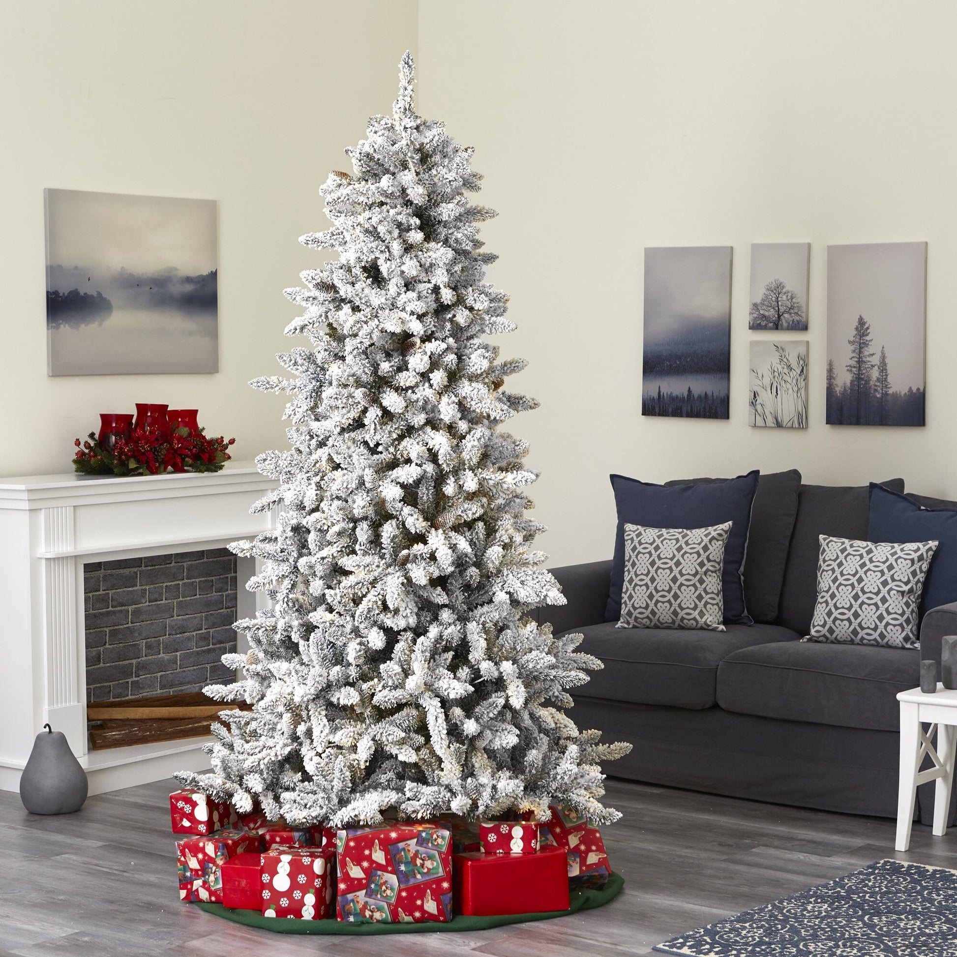 7.5’ Flocked Livingston Fir Artificial Christmas Tree with Pine Cones and 1336 Bendable Branches - Tampa Home & Garden Store