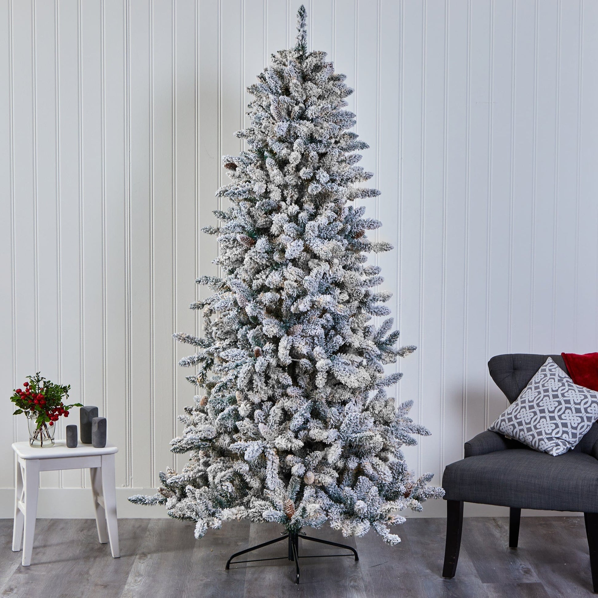 7.5’ Flocked Livingston Fir Artificial Christmas Tree with Pine Cones and 1336 Bendable Branches - Tampa Home & Garden Store