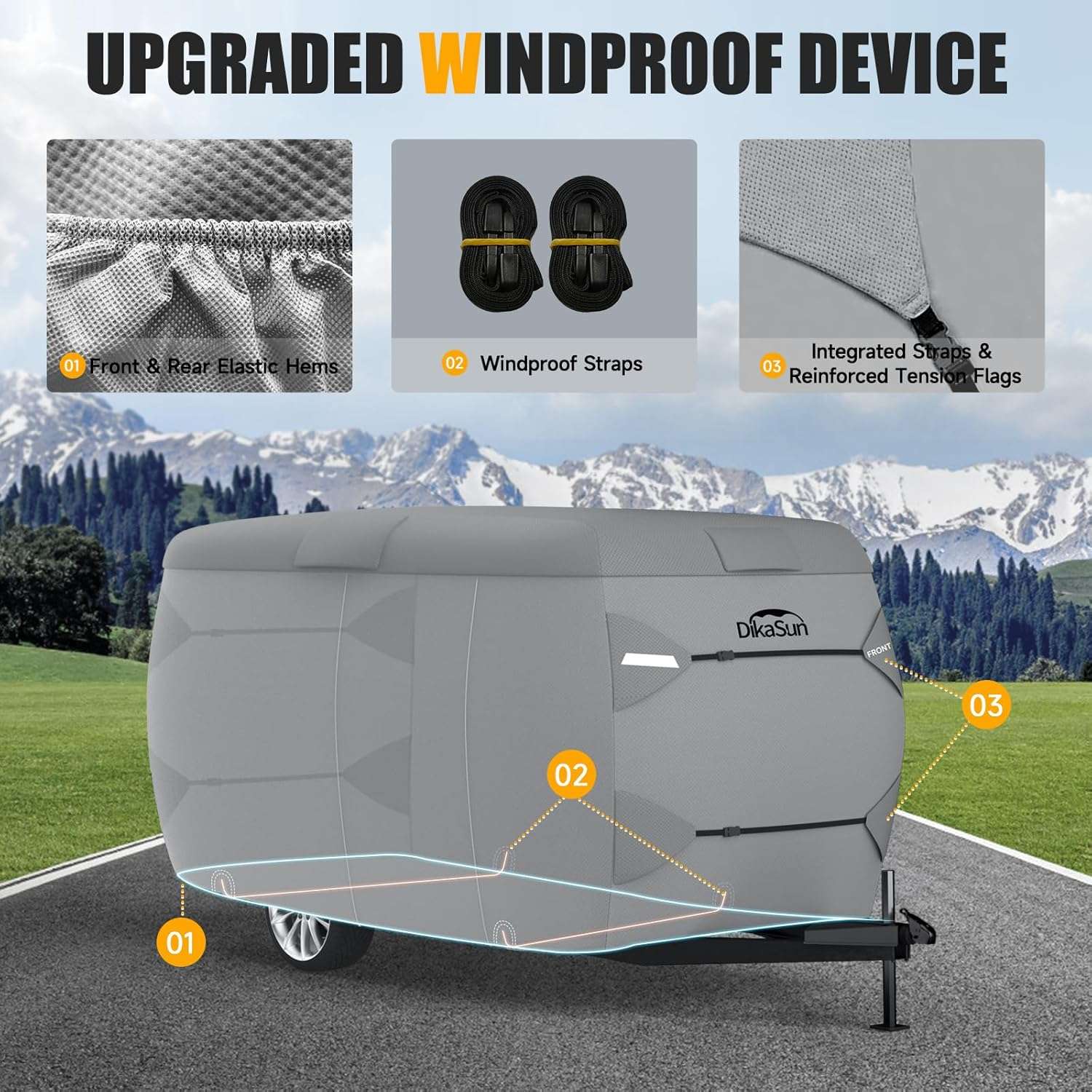 7-Layer fiberglass trailer cover by Dikasun Outdoor, gray waterproof RV cover with windproof straps on Tampa Home & Garden Store