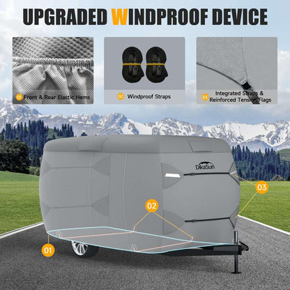 7-Layer fiberglass trailer cover by Dikasun Outdoor, gray waterproof RV cover with windproof straps on Tampa Home & Garden Store