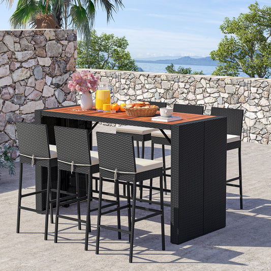 7 Pieces Patio Rattan Bar Set with Seat Cushions for Porch Yard Garden - Tampa Home & Garden Store
