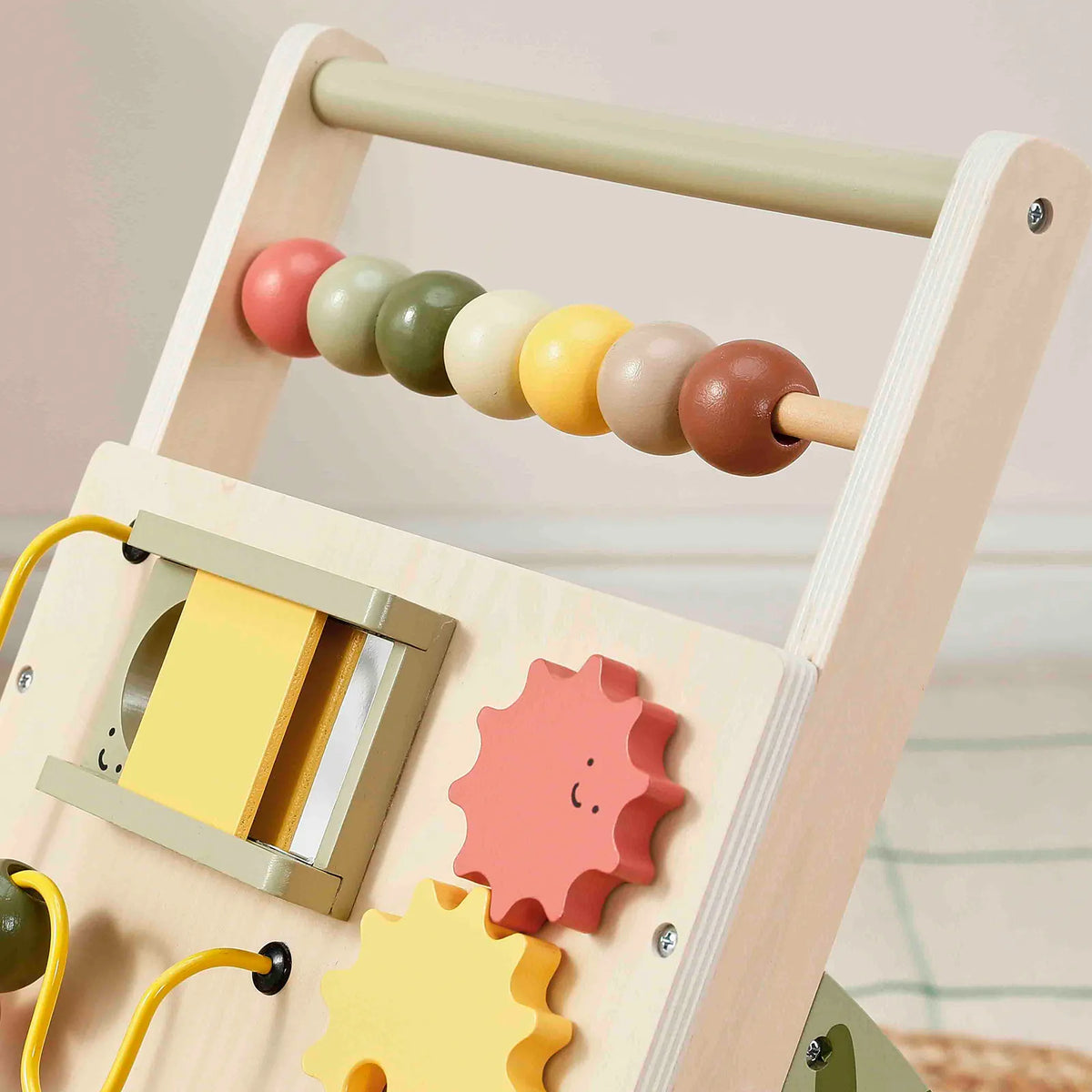 Tiny Land Sage Green Wooden Baby Walker with colorful beads on natural wood frame on Tampa Home & Garden Store