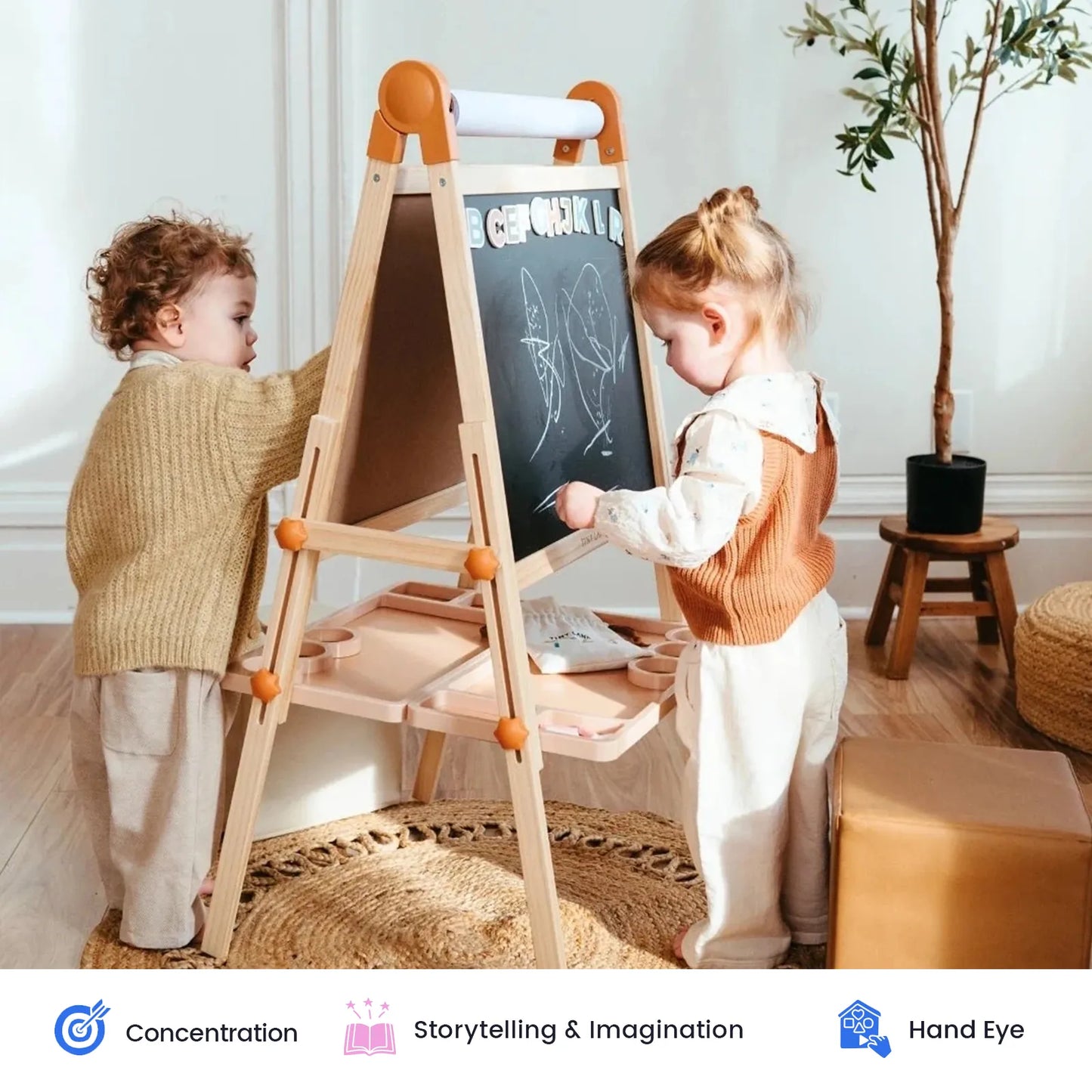 Tiny Land Magnitales Kids Easel in caramel wood with chalkboard and orange knobs on Tampa Home & Garden Store
