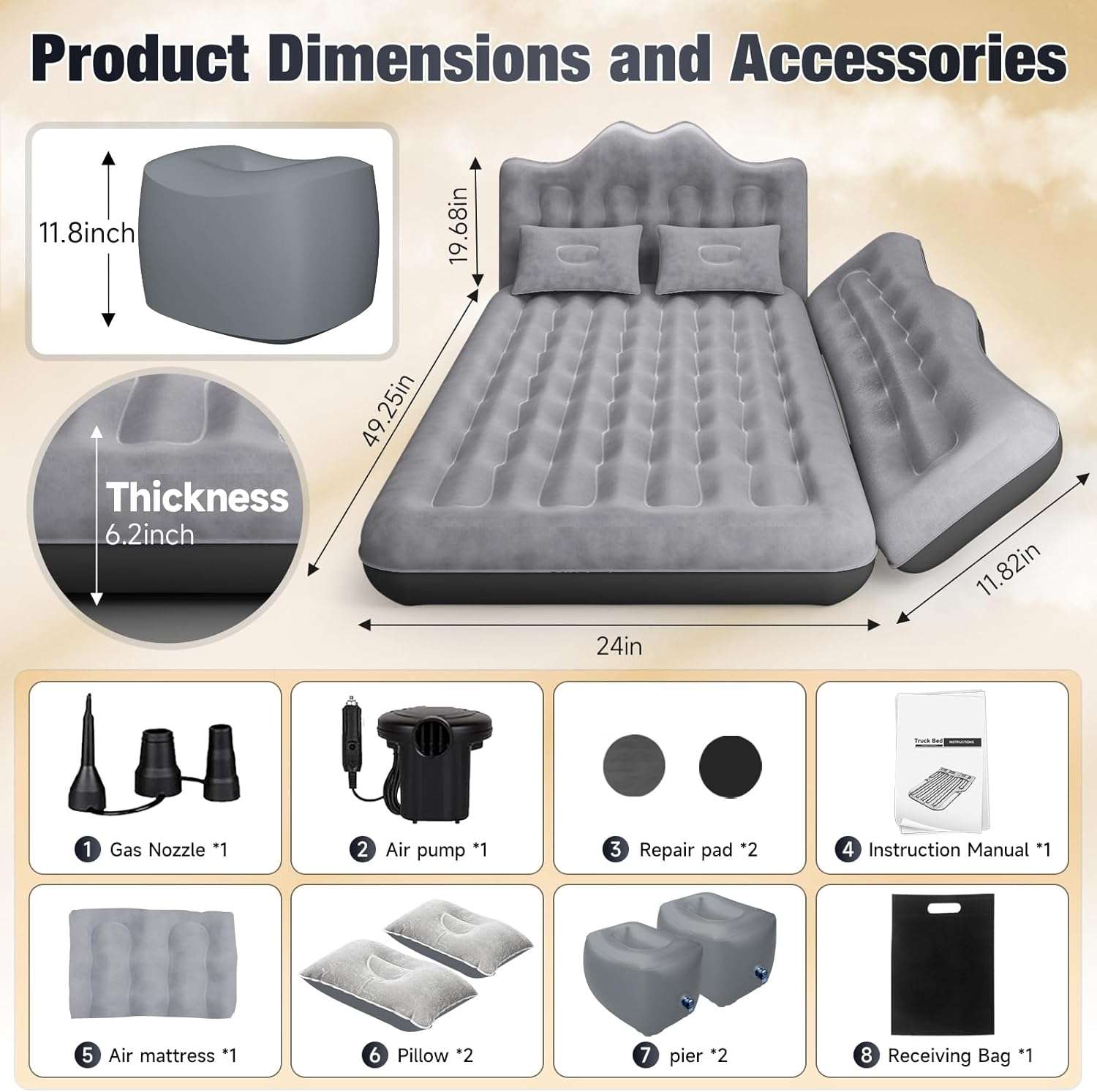 Backseat air mattress for SUV, grey 24in wide, 6.2in thick with pump & repair pads on Tampa Home & Garden Store