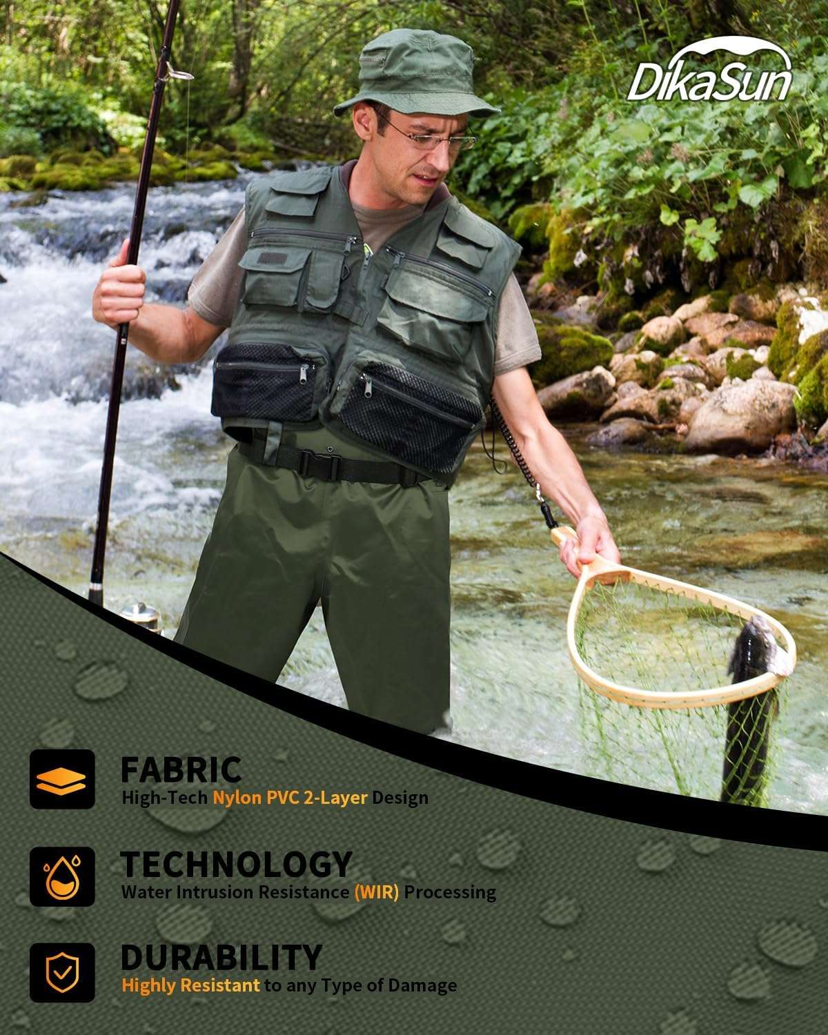 Dikasun Outdoor chest waders with boots in dark green; lightweight bootfoot fishing waders on Tampa Home & Garden Store