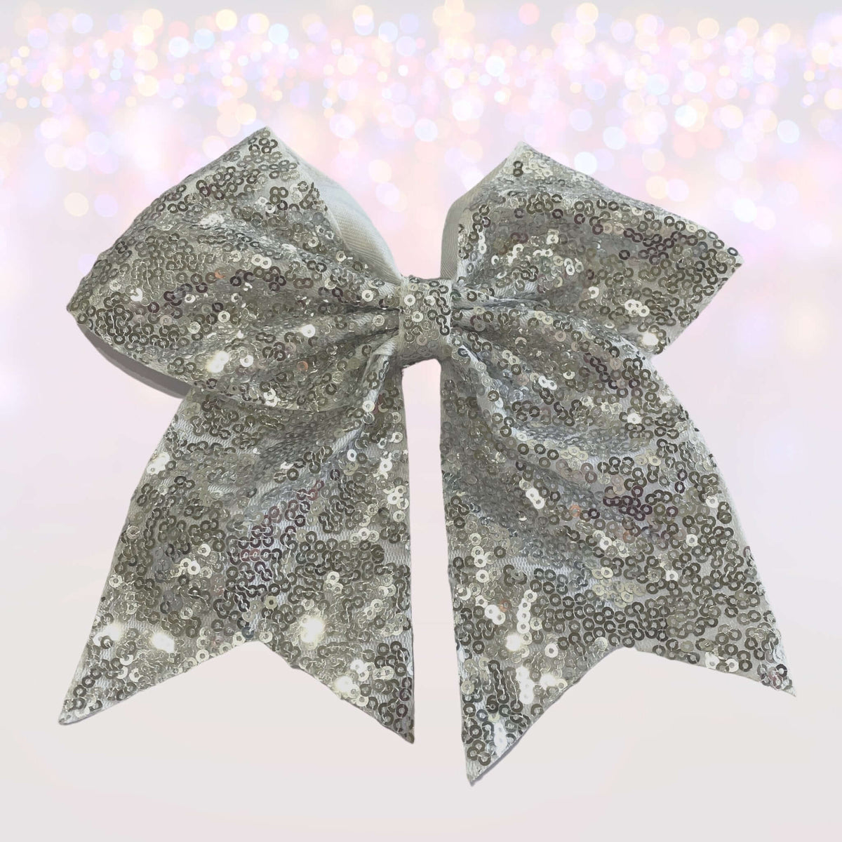 Set of three 7-inch silver sequin cheer bows for ponytails on Tampa Home & Garden Store